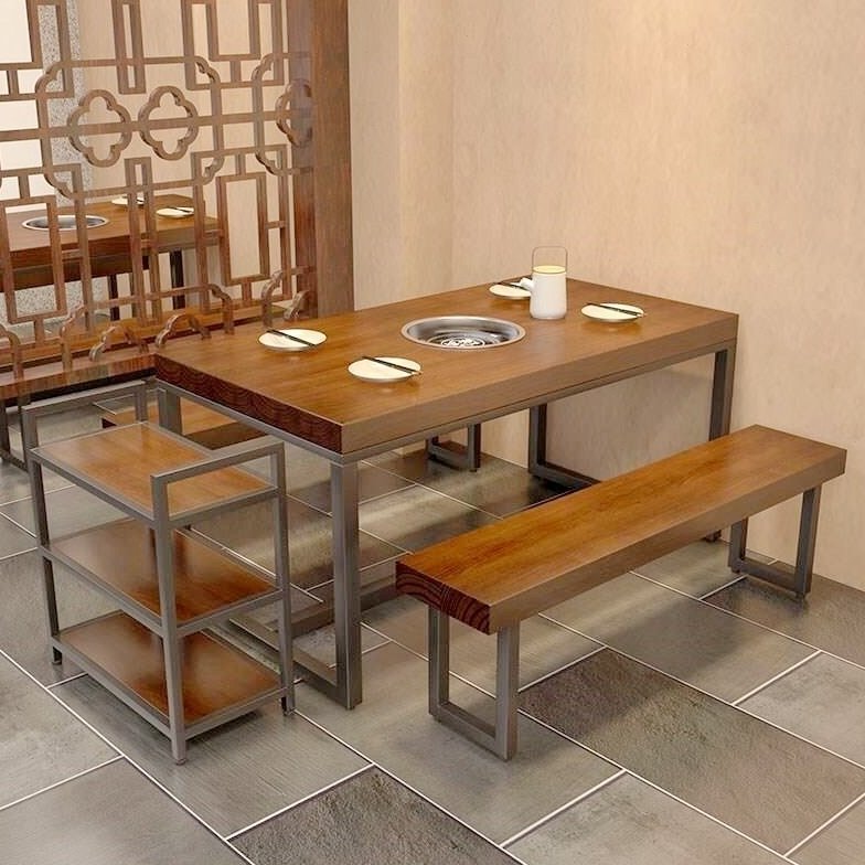 饭店餐厅休闲火锅实木餐桌酒店商用长方形复古桌子铁艺餐桌椅组合
