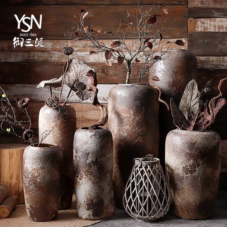 复古陶瓷花瓶客厅插花摆件大号落地陶罐粗陶干花装饰现代土陶花盆