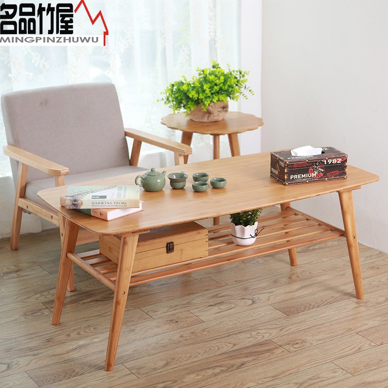 楠竹实木茶几日式创意简约现代双层茶桌北欧客厅小户型边方几茶台