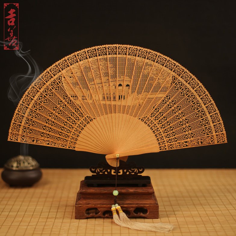 吉善扇子古典镂空檀木折扇礼品扇复古印度檀香扇文玩珍藏工艺品扇