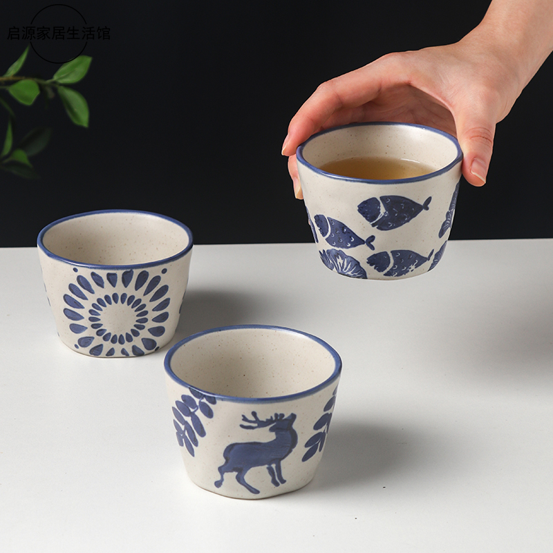 日式猪口杯创意围炉煮茶s陶瓷茶杯复古阔口手握咖啡拉花杯家用水