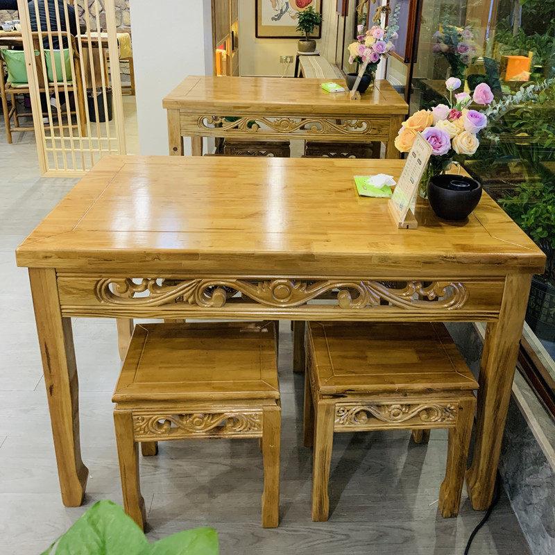实木桌椅组合饭店早餐店商用碳化餐馆小吃店长方形仿古雕花桌凳套