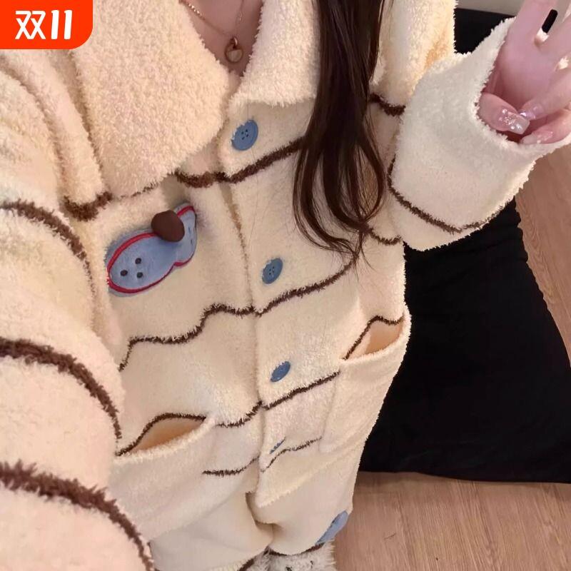 2025新款针织半边绒睡衣女冬季加厚保暖可外穿家居服套装大码红色