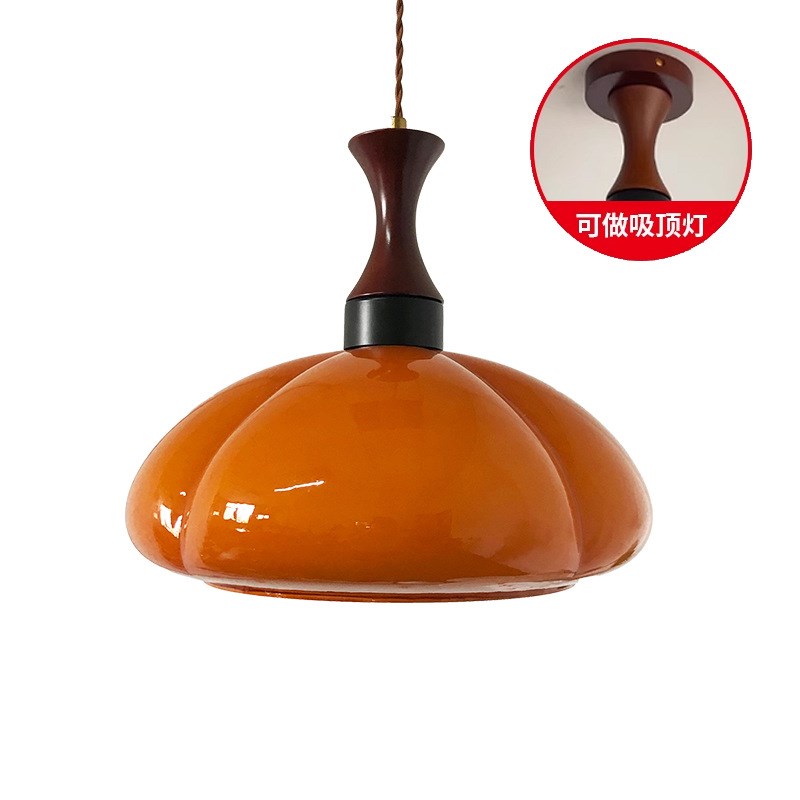 中古餐厅南瓜吊灯新n款原木玻璃饭厅日式复古卧室岛台餐桌吧台灯