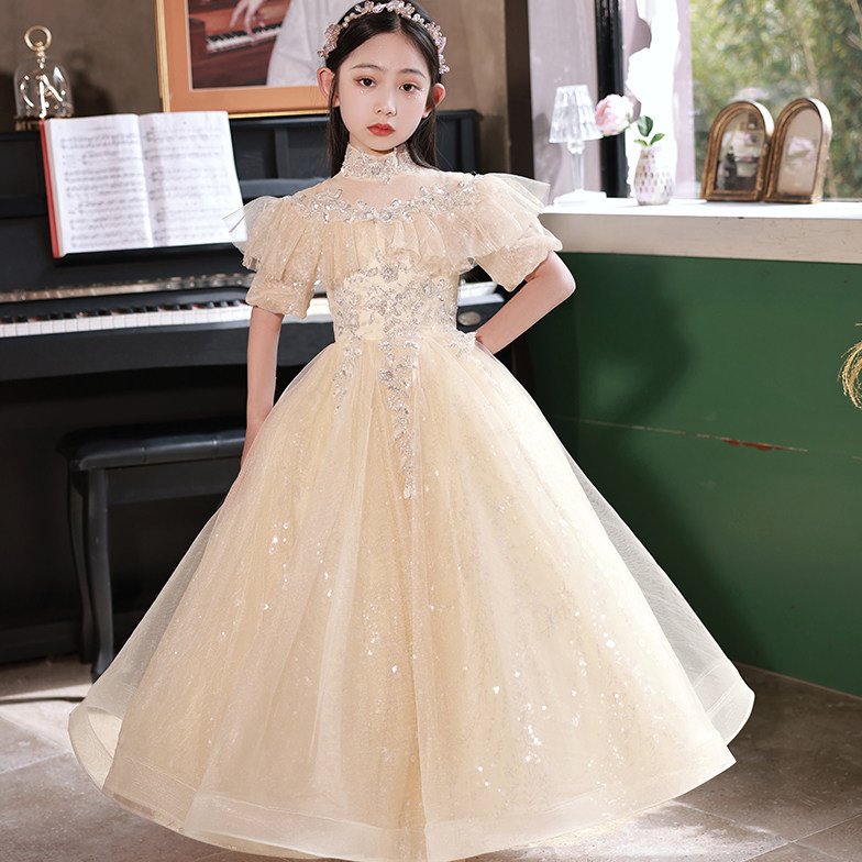 儿童礼服公主裙小孩走秀花童婚纱生日主持人女童演出服钢琴演奏秋