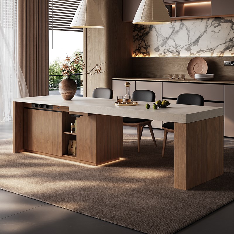 高级感岩板岛台餐桌一体家用可伸缩D厨房岛台智能升降新款齐平岛