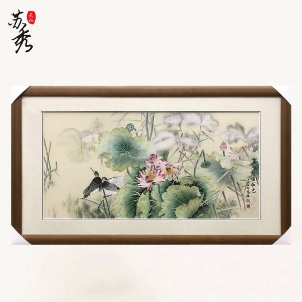 苏州刺绣成品纯手工精品客厅挂画别墅横幅沙发背景墙1--2丝荷花鸟