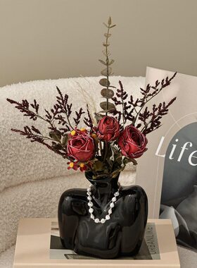 高级感陶瓷花瓶轻奢高档鲜花水培插花摆件客厅餐桌干花黑色装饰品
