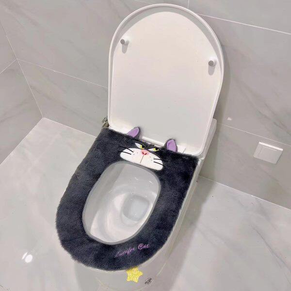 冬季保暖马桶坐垫马桶圈套卡通灰色猫马桶垫家用粘贴式坐便器垫