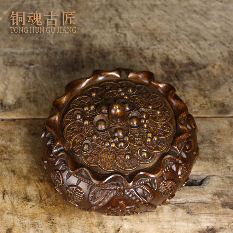 铜魂古匠黄铜烟灰缸覆古包浆家居客厅N茶台办公室桌面摆件