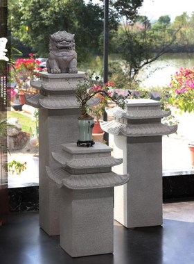 办公室落地新中式彷石头底座石柱C墩花架玄K关入户门客厅装饰品摆