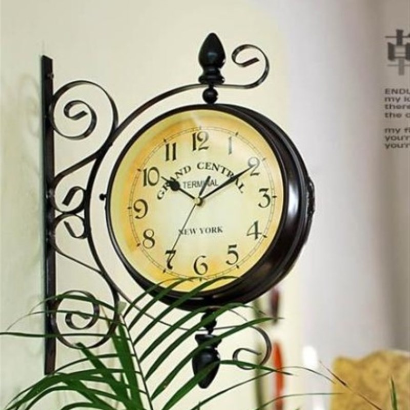 欧式田园复古金属双面挂钟 铁艺双面钟表 客厅静时U尚挂钟石英钟