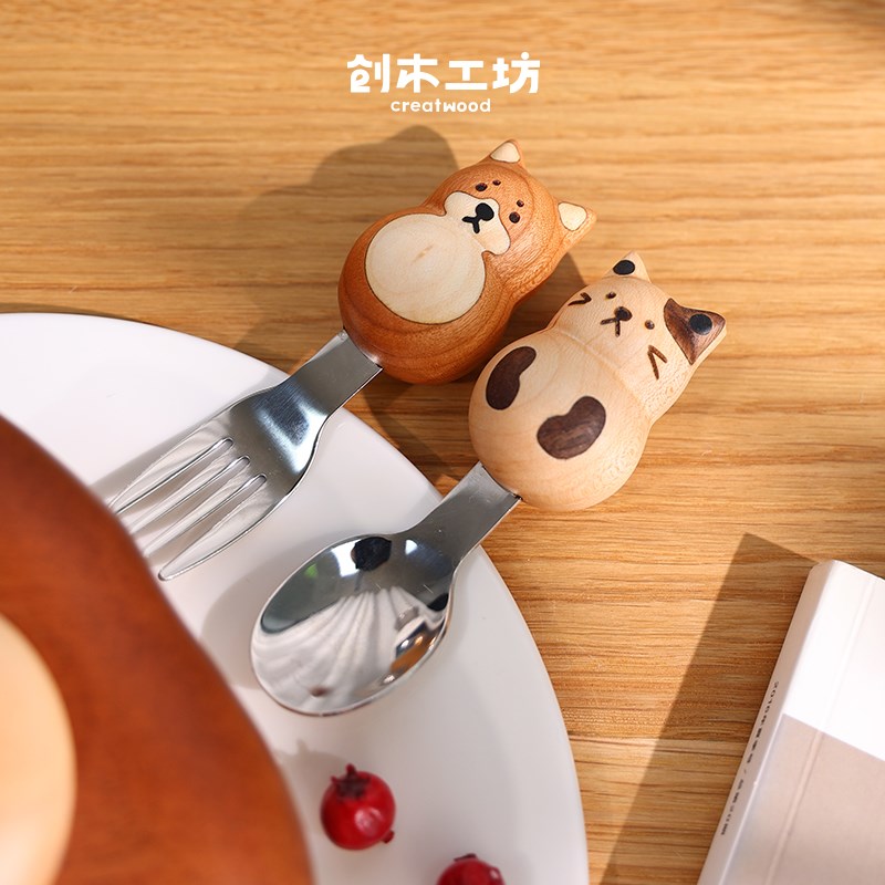 小动物叉勺/创木o工坊胡桃樱桃硬枫木正餐勺甜品勺饭勺