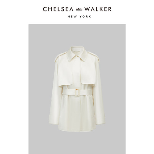 Chelsea and Walker重磅白色真丝羊毛可拆卸高级感风衣外套春款女