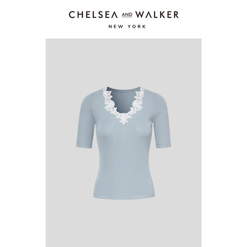 Chelsea and Walker桑蚕丝醋酸混纺蕾丝v领针织衫