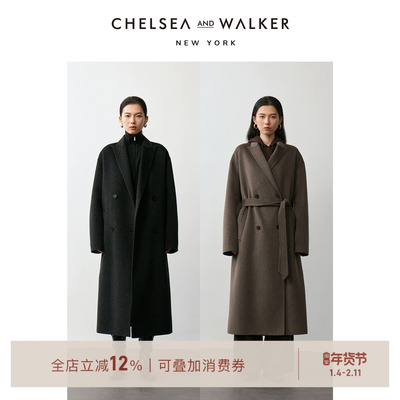 Chelsea and Walker经典羊绒大衣2025冬季高级感中长款系带外套女