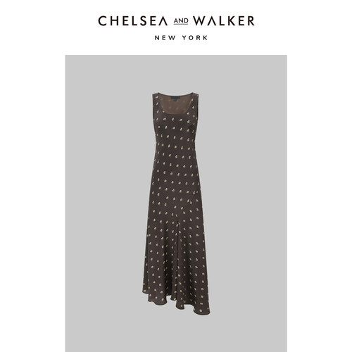 Chelsea and Walker桑蚕丝连衣裙不规则剪裁高级质感印花裙子新款
