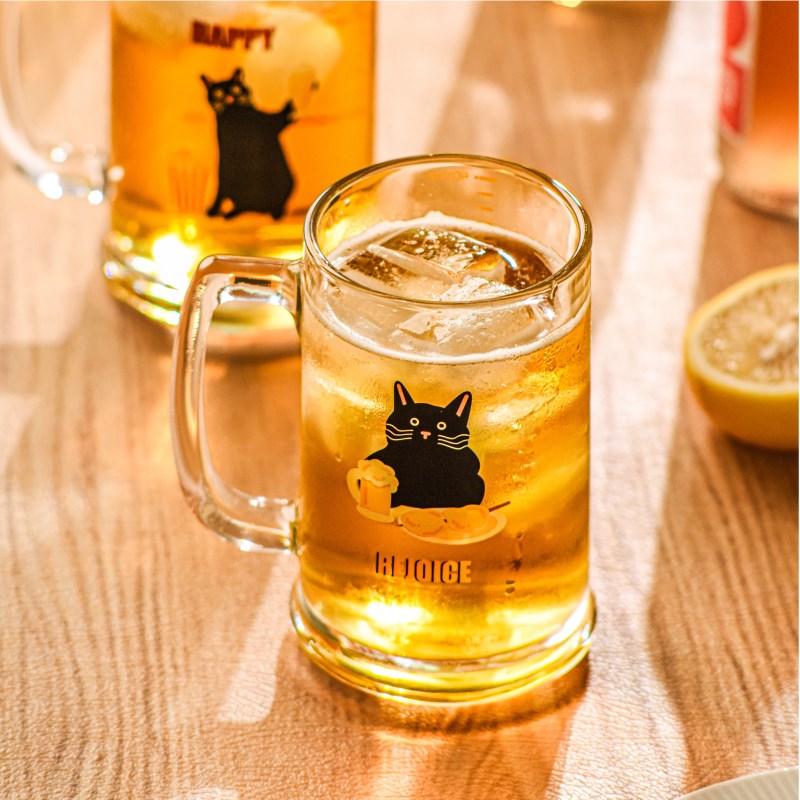 啤酒猫卡通啤酒杯带手柄加厚玻璃水杯家用果汁杯耐用大容量杯子