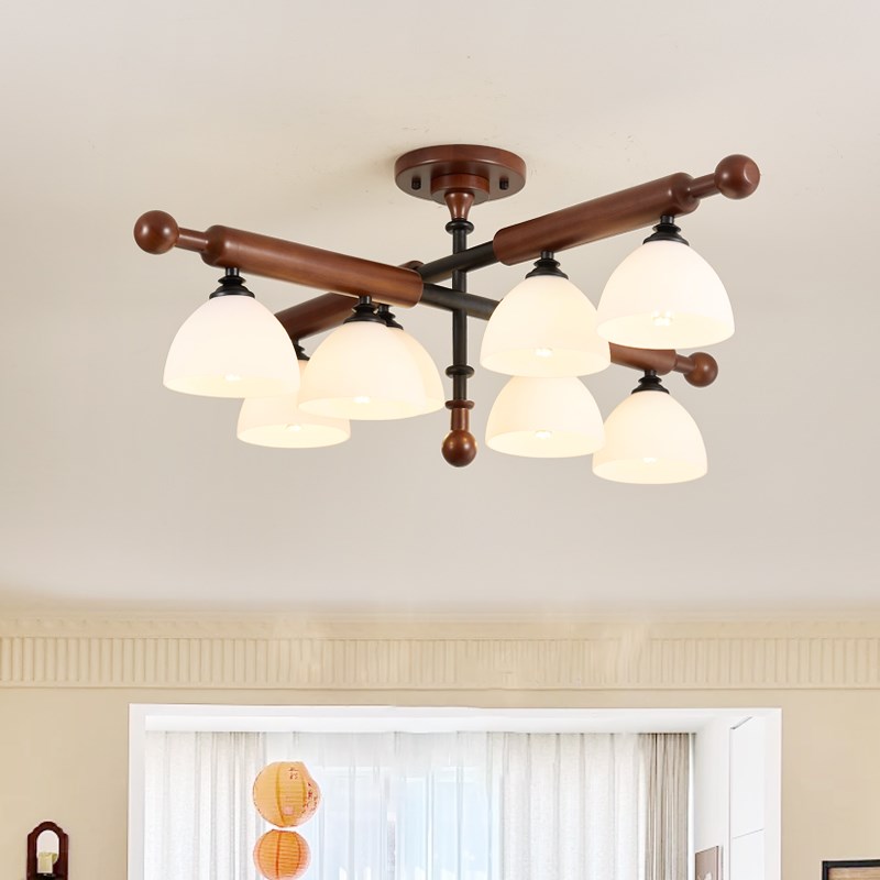 胡桃色法式中古客厅吊灯新中式z复古实木卧室书房餐厅玻璃吸顶灯