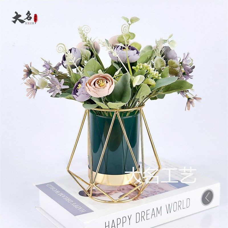 铁艺玻璃花瓶摆件客厅插s干花水培装饰品花玄关餐桌铁艺轻奢花瓶