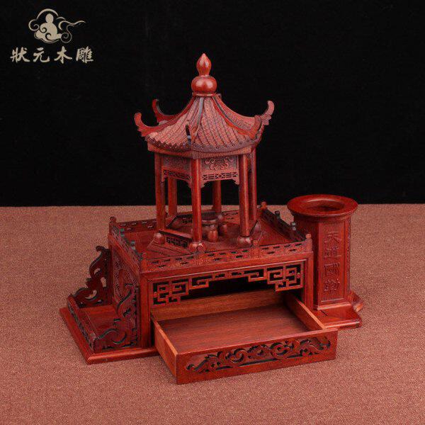 红檀木雕工艺品装饰摆件 礼品聚缘亭子工艺品办公名片笔筒收纳