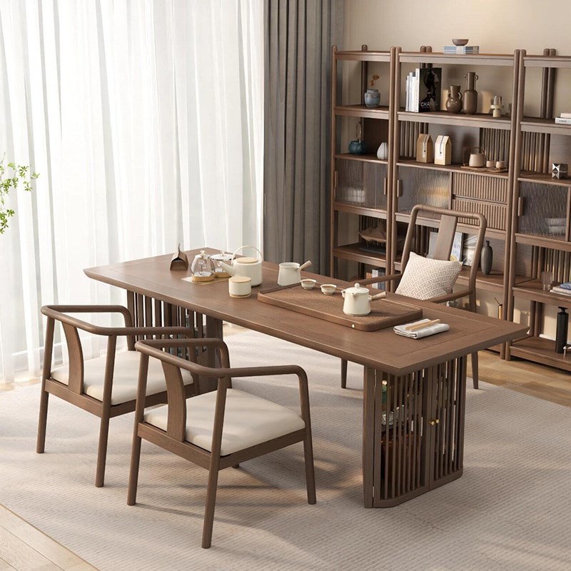 新中式茶桌椅组合北美黑胡桃x木茶台实木大板茶桌办公室家用泡茶