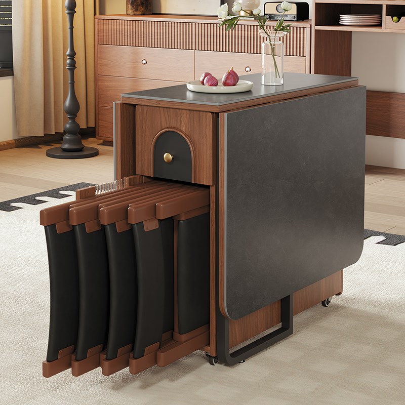 2025新款e折叠餐桌小户型家用餐边柜一体桌中古风岩板伸缩实木饭