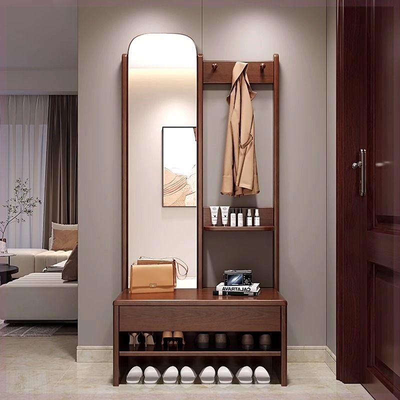 入户实木挂衣架换鞋凳一体带镜子收纳卧J室客厅多功能全身镜衣帽