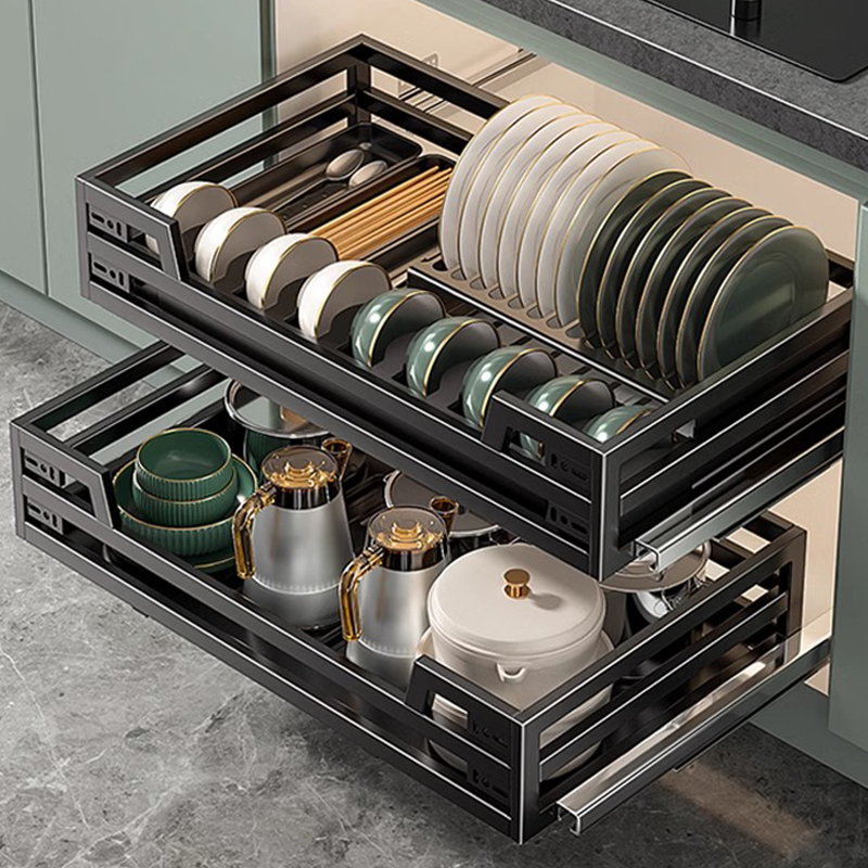 拉篮厨房橱柜304m不锈钢内置双层抽屉式抽拉碗碟篮碗架橱柜碗篮
