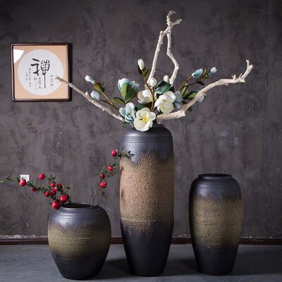 酒店大堂落地高端陶瓷花瓶摆件干支陶罐插花器别墅样板房摆粗陶