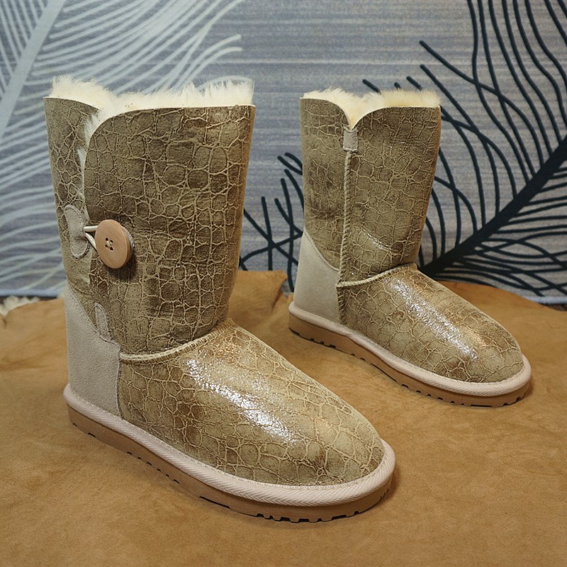 瑕疵处理(看说明) 冬季真皮羊皮毛一体 中筒靴 一粒扣棉靴61-1