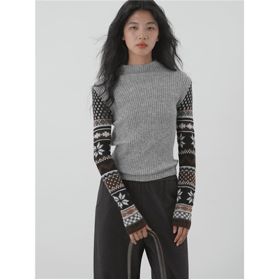 EIGHTHMONTH 早秋复古提花半高领毛衣女雪花图案修身坑条针织上衣