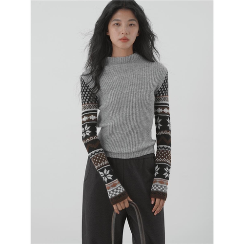 EIGHTHMONTH 早秋复古提花半高领毛衣女雪花图案修身坑条针织上衣