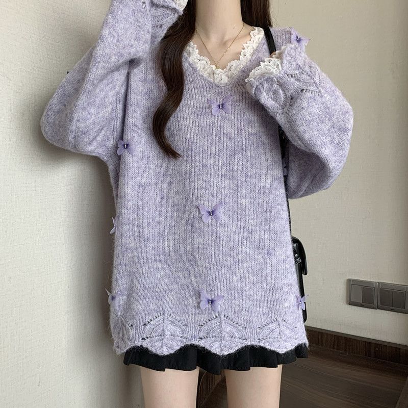 鹿向南「云絮蝶梦」燕麦色宽松长袖针织衫毛衣女初秋质感温柔上衣