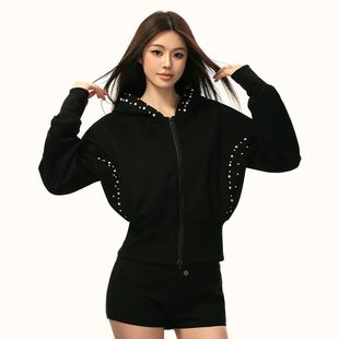 Aaisup灰色铆钉收腰短款卫衣女2025秋季新款辣妹修身连帽开衫外套