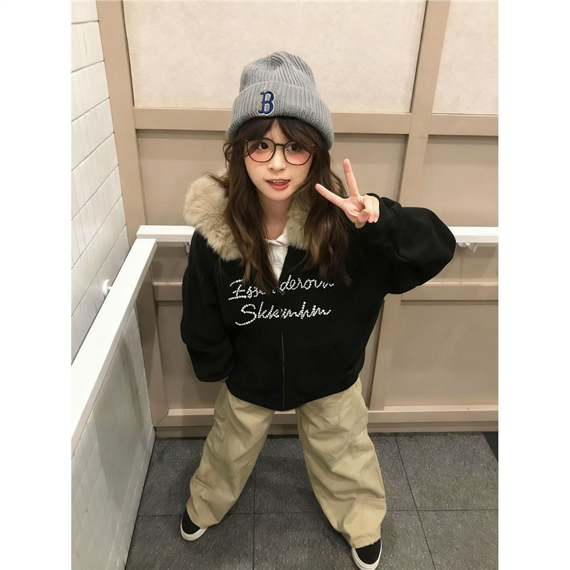 BEETLE TOWN毛领钉珠巨好看开衫外套女2025款秋情侣潮流连帽卫衣