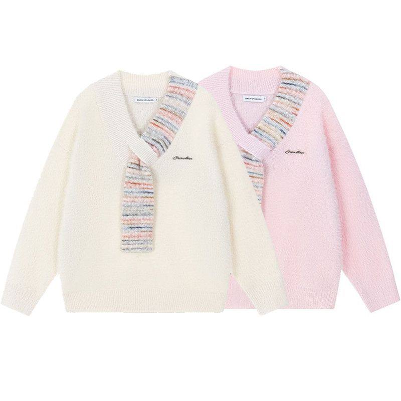 美式条纹围脖设计圣诞穿搭仿水貂毛圆领套头毛衣女秋冬季针织上衣,女装/女士精品,POLO衫,淘宝优惠券,粉丝福利购,淘宝优惠卷