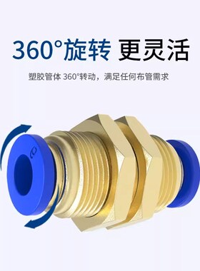 PM隔板直通接头气动快插气管快速穿板外螺纹铜PM4-6-8-10-12-16mm