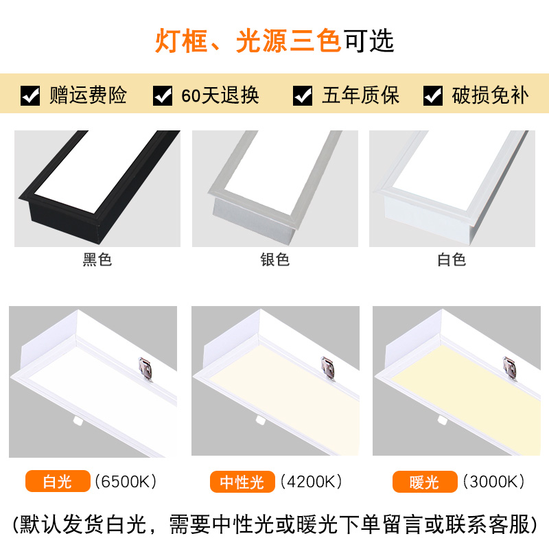 嵌入式led长条灯 办公室吸顶石膏板吊顶弹簧长方形过道走廊平板灯