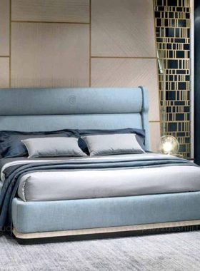 床 水蓝色亚麻布艺双人床 2m轻奢床 简约大气 可储物双人主卧床