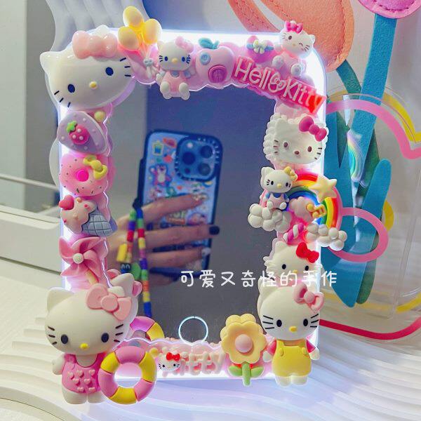 led台式化妆镜HelloKitty凯蒂猫卡通奶油胶手工diy生日礼物少女心
