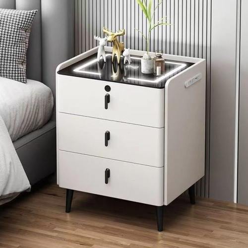 简约现代智能床头柜实木三抽60cm高床边收纳储物柜充电多功能带锁