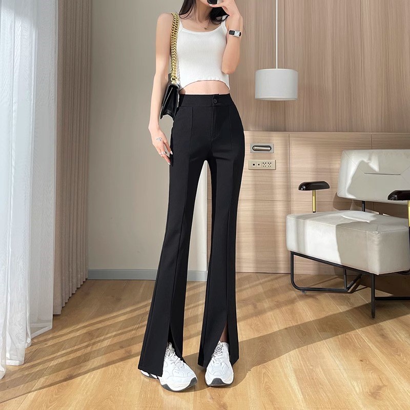 前开叉微喇叭女裤2024夏季薄款小个子白色弹力休闲裤冰丝垂感直筒