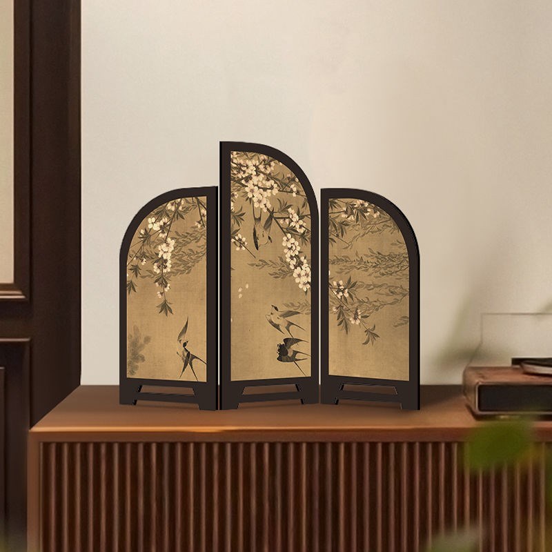 新中式国风鹊枝屏风桌面摆件中古风装饰画客厅餐厅复古摆画装饰品