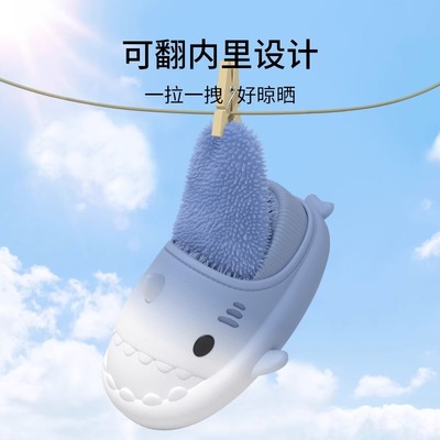 渐层防水鲨鱼棉鞋男士棉拖鞋冬季包跟室内保暖居家用情侣毛毛拖鞋