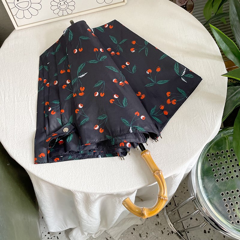 绝美~雨天专用h复古印花樱桃雨伞二折竹柄女士高端气质折叠伞