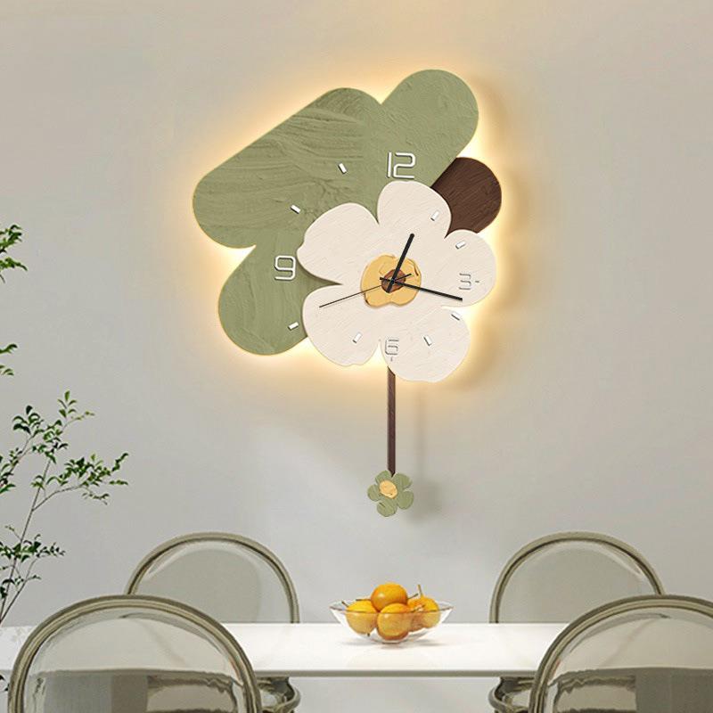 轻奢花朵客厅装饰画LED灯餐厅玄关时钟创意钟表氛围卧室家居挂钟