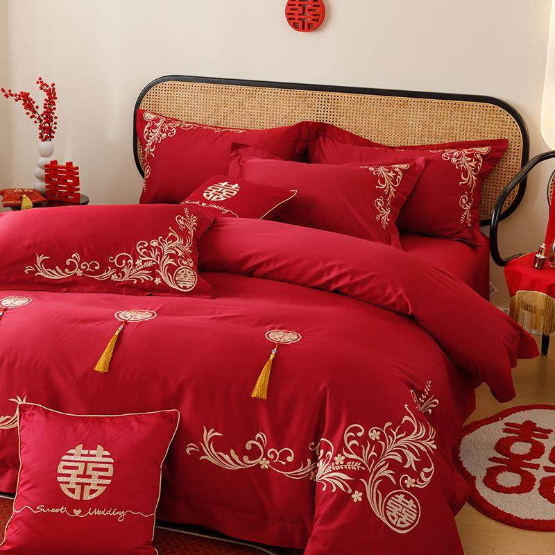 简约中式婚庆四件套全棉100S长绒棉红色喜字刺绣结婚被套床单床笠