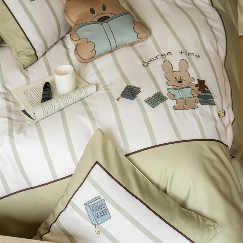 100支长绒棉少女心绿条纹小兔四件套1.5m1.8公寓全棉纯棉床单被套