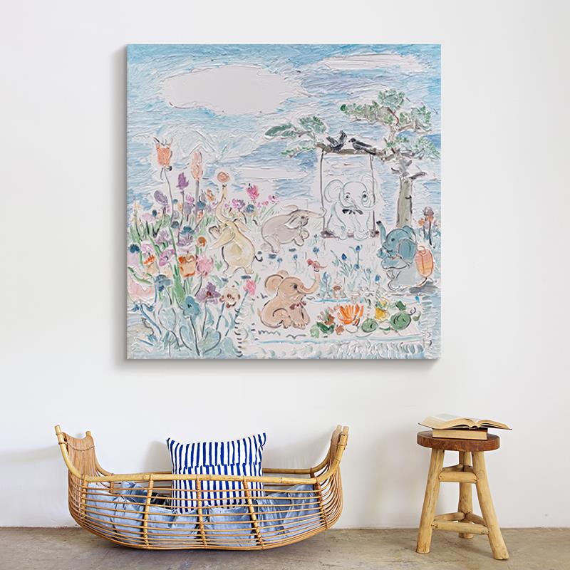 奶油风客厅肌理装饰画玄关手绘卡通大象壁画大芬油画村儿童房挂画